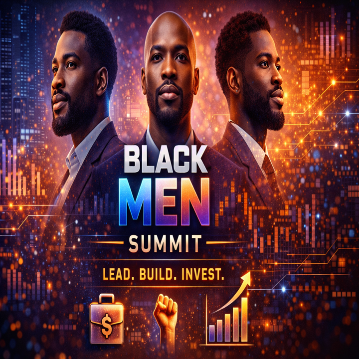 Attendees at the Black Men Summit in conversation or listening to a speaker, with event signage.