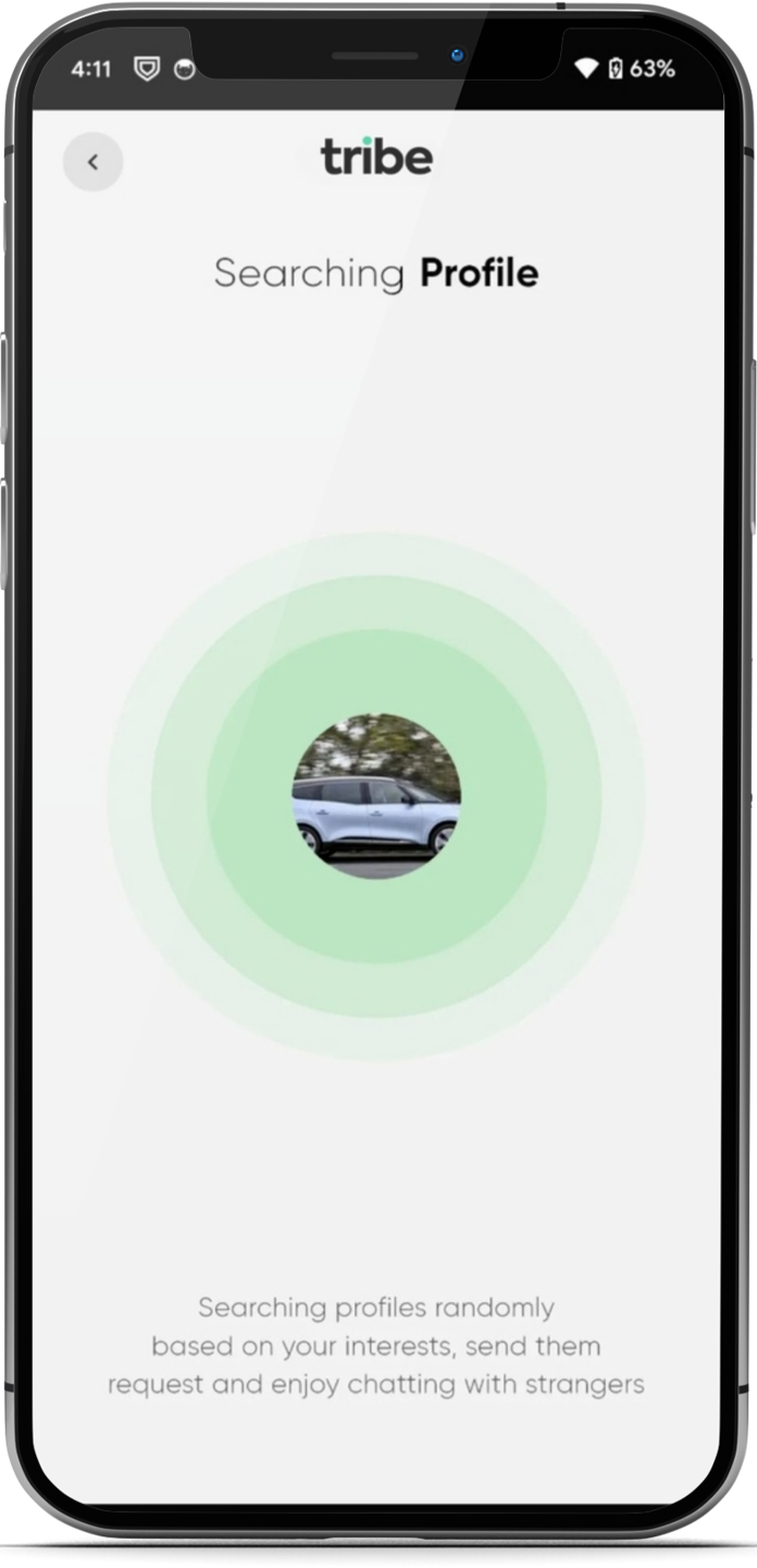Cellphone mockup displaying the Tribe app interface on screen.