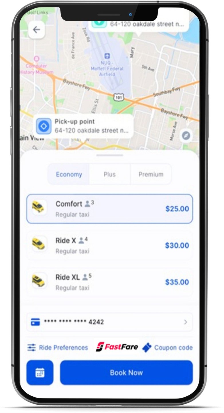 Cellphone mockup showing the FastFare app interface on screen.