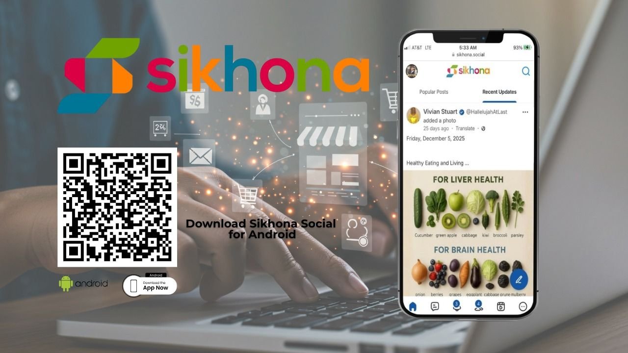 Cellphone mockup displaying the Sikhona Social app interface on screen.
