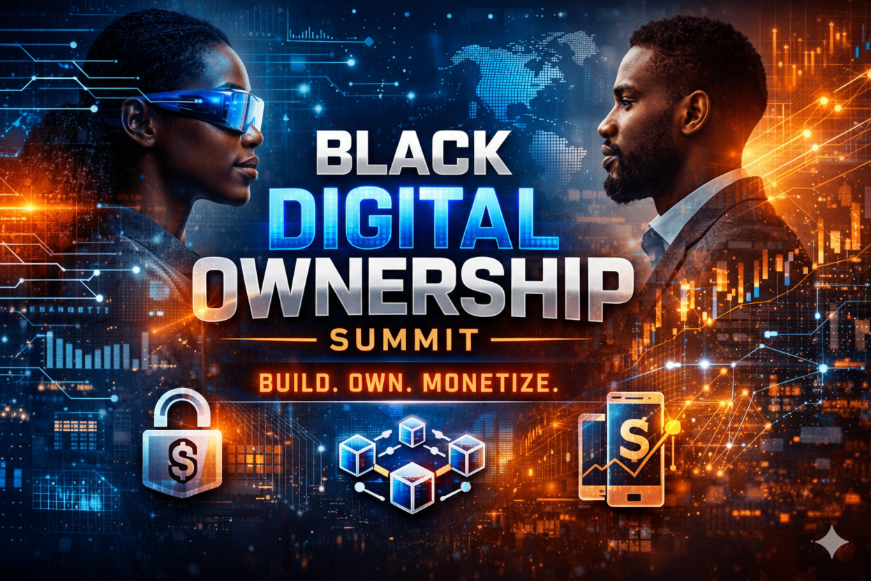 Participants at the Black Digital Ownership Summit listening to a speaker, with digital summit signage or screens visible behind them.